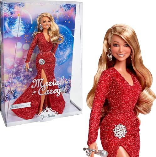 Barbie Mariah Carey - Sammelpuppe mit glänzender roter Robe, Rüschen, Schlitz, glamouröse Locken, silberfarbene Accessoires, rote High Heels, Weihnachtstradition, Dekoration, HJX17