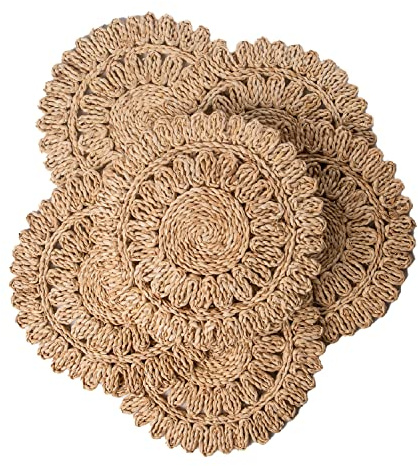 Laquedecraft 13.8 Set of 6 Round Corn Husk Placemats | Boho Woven Rattan Table Mats | Farmhouse Wicker Spring Plate Chargers Like Water Hyacinth, Seagrass for Wedding, Party, Christmas, Events