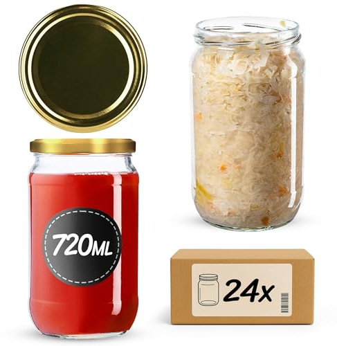 KADAX 24er Set Einmachgläser 720ml TO82 Gold, Große Sturzgläser mit Schraubdeckel, Einkochgläser Fermentierglas für Gurken, Gemüse, Sauerteig
