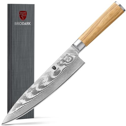 BRODARK Damaszener Kochmesser 8 Zoll,Japanisches Küchenmesser mit VG10 Stahlkern,Ultra scharfes professionelles Kochmesser,Olivenholzgriff,High Carbon Edelstahl