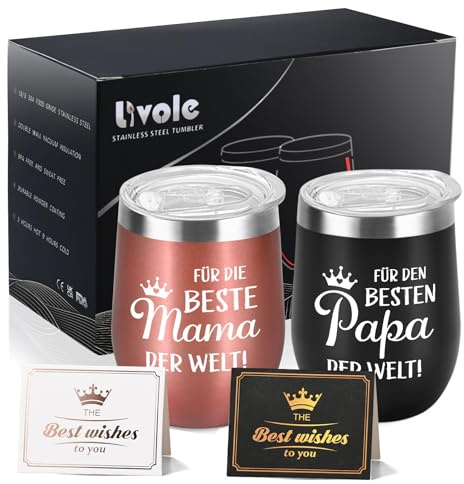 Livole Muttertag Vatertag Geschenk, Geschenke für Vater Mutter, Eltern - Für Besten Papa Beste Mama der Welt - Beste Mama Papa Tasse, 350ml Edelstahl Thermobecher to go, 2 Stück, Schwarz und Roségold