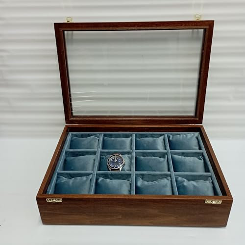Uhrenbox aus Massivholz für 12 Uhren, Glasdeckel, Samtauskleidung, Uhrenkoffer Herren Damen, Handarbeit Italien, Uhrendisplay Holz