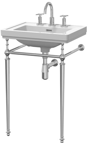 Balterley 531mm Bathroom Sink with Traditional Chrome Stand, Full Pedestal Ceramic Rectangular Bowl Bathroom Wash Basin Sink with Overflow, 3 Tap Hole Basin Sinks - 531 x 406 x 816mm (White)