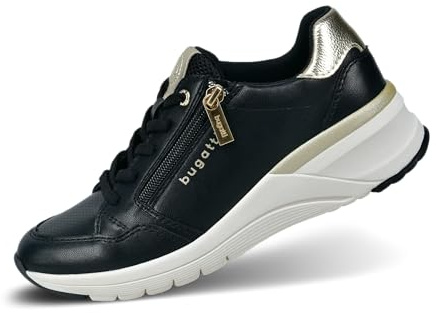 bugatti Damen Schwarze Sneaker mit Reißverschluss-Accessoire, Silbernen Akzenten, Logo-Detail, Austauschbaren Innensohlen schwarz/Gold 38 EU