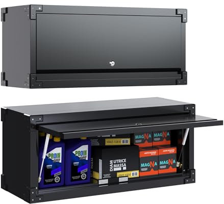 Supeer Armadietto pensile in metallo con anta ribaltabile, con serratura in acciaio inox, per garage, officina, cucina, 38,6 x 80 x 30 cm (H x L x l), nero