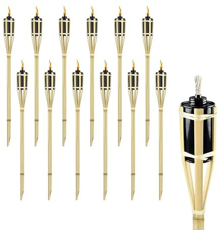 IlGruppone Set 8/12 Pezzi Torcia Grande da Giardino in bambù XXL Olio Contenitore in Metallo 90/120/150 Cm Lampada Candela con Stoppino Fiaccola Torcie Esterno Feste Eventi - 12 Pezzi 90 Cm