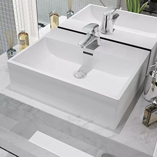 Xichuzi Waschbecken mit Hahnloch Keramik Weiß 51,5x38,5x15 cm, Aufsatzwaschbecken, Bathroom Sink, Waschtisch, Aufsatzbecken, Ablaufgarnitur - 142346