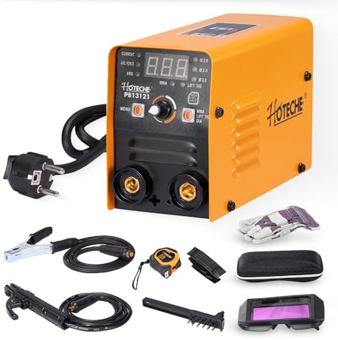 Hoteche Minisoldadora de 120 A con embalaje BMC, accesorios, gafas de protección solar, guantes, cinta métrica, 1,5 m, alicates de soldadura de 1,2 m, pantalla digital, correa de transporte, máquina