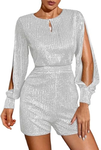 Foweknow Damen Kurzer Jumpsuit Mit Pailletten Hochzeit Party Glitzer Overall Shorts Hosenanzug Playsuit Sexy Elegant Bodysuit Rave Outfit Party Overall Performance Kostüm Karneval Kostüm