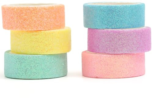 YUBX Glitter Washi tejpset 6 rullar glittrande folie dekorativ strö färgad maskeringstejp för konst, gör-det-själv-hantverk, tidskrifter, planerare, klippbok, inslagning (6 färger)