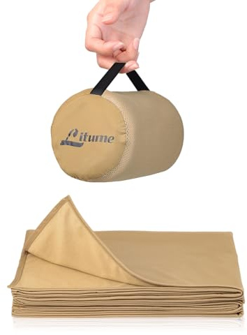 Litume Resefilt Lätt och Andningsbart, 170 x 122 cm Mjukt Flygplanfilt för Resenärer, Vikbar Campingfilt med Förvaringssäck för Tåg, Camping, Ryggsäcksturer, Kontor, Hem (Krämigt Brun)