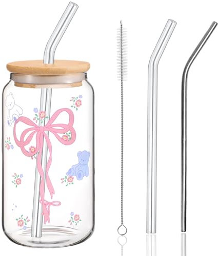 Vaso Cristal con Tapa y Pajita, 500 ml Elegante Vasos de Cristal Bow, Taza de Cafe de Vidrio, Regalo para Mejor Amiga, Taza de Bebida para Café Helado, Té de Burbujas, Jugo, Refrescos, Matcha, Cóctel