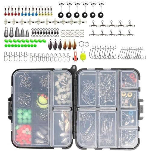 Alriedy 183-Stück Fischerei Zubehör Set, Mit Fischerei Haken Set, Jig Haken, Jigköpfen und Aufbewahrungsbox, tragbarer Angelausrüstung, Zubehör für Süßwasser-Köder, O-Ring-Gummischiebern