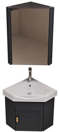 Muebles de Baño de Esquina Pequeño con Lavabo y Espejo Muebles Flotante Moderno con Grifo para Espacios Pequeños, Cuarto de Visitas, Baño Compacto(Black,38cm(15''))