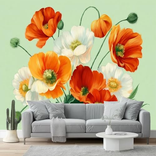 Papel pintado Arte de flores de amapolas pintado no tejido 250 x 175 cm con diferentes Paredes en Baño, Sala de Estar, Dormitorio,Cocina Naranja Blanco
