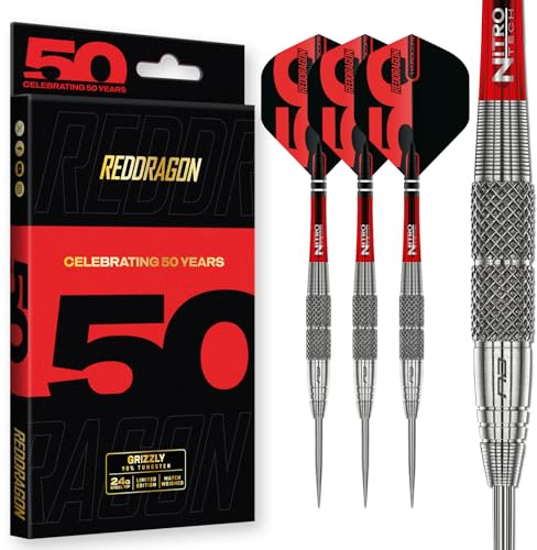 RED DRAGON DARTS - 50 år gamla klassiker - Grizzly 2-24g - 90% Volfram - Professionellt stålspetsdartset - Inkluderar dartflygningar och dartstjälkar