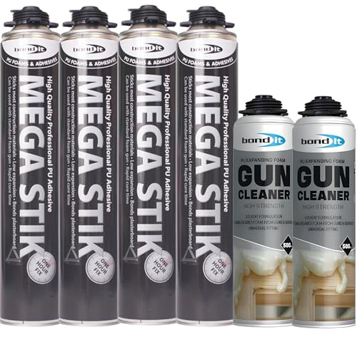 Bond It Mega Stik PU Foam Adhesive 4 Pack (750ml Each) with 2 Gun Cleaners (500ml Each) – Fast Curing Construction Adhesive for Plasterboard, Floorboards, Insulation Boards & Roof Decking