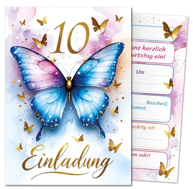 JuNa-Experten 12 Einladungskarten zum 10. Kindergeburtstag Kinder Schmetterling Mädchen coole Einladungen zehnte Geburtstag Mädchengeburtstag Geburtstagseinladungen