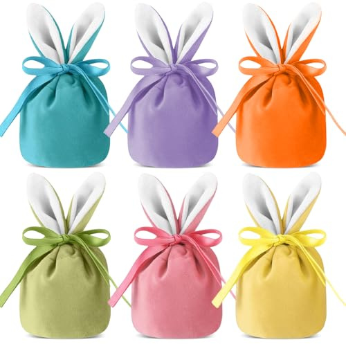 Geschenktüten Ostern, 6 Stück Samt Hase Geschenktüte Ostern, Wiederverwendbare Hasen Geschenktasche aus Samt mit Hasenohren, Ostern Geschenktüten für Spiele zur Ostereiersuche