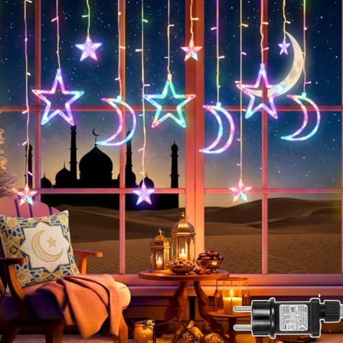 IRONDELIC Ramadan Deko Lichtervorhang Sterne Mond, 3.5M Lichterkette mit 5M Extra Langer Zuleitung 8 Modi Eid Mubarak Dekoration Fenster Außen Innen Balkon Hochzeit Party 123 LEDs Bunt