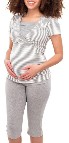 Herzmutter ammande pyjamas - moderskapspyjamas - korta korta ärmar - randiga pyjamas för graviditet - puerperium pyjamaset - nattkläder för amning - 2600 (M, Vit/Grå)