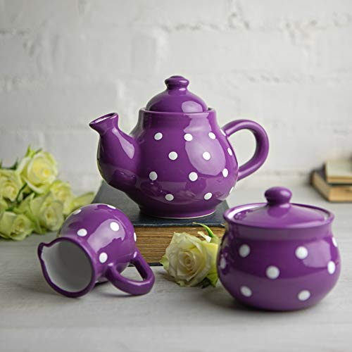 City to Cottage® Set con Teiera, Bricco del Latte e Zuccheriera | Fatto a Mano in Ceramica | Fantasia a Pois Viola e Bianco