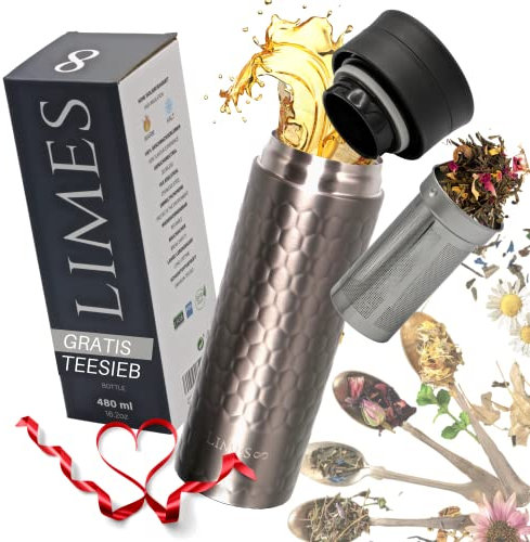 Limes 8® Teeflasche mit Sieb to go - 480ml - isolierter Thermobecher Edelstahl - Teekanne mit Siebeinsatz - Teebecher 360° Trinköffnung - 100% auslaufsicher, nachhaltig (Grau)