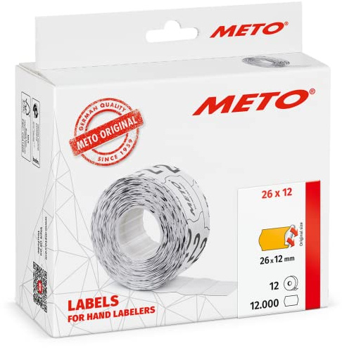 Meto Etiketten für Handauszeichner (26x12 mm, 1-zeilig, 12.000 Stück, fluor orange, permanent haftend, für Meto, Hutner, Avery, Contact, Sato, Tovel etc.)