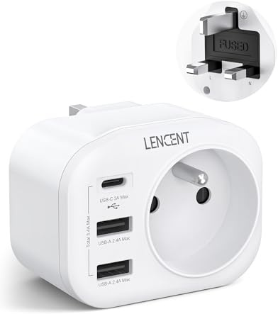 LENCENT Type G Adaptateur de Voyage France vers UK, Prise Française vers Prise Anglaise, Adaptateur 4 en 1 avec 1 Prise CA/2 USB-A /1 USB-C – Idéal pour Angleterre, Irlande, Écosse, Royaume-Uni