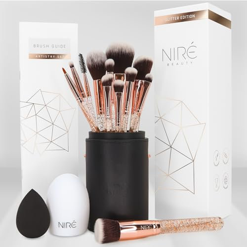 Niré Beauty Kit Artiste 15pcs : Kit De Pinceaux De Maquillage Professionnel Et Leur Étuis De Rangement. Inclus : éponge de maquillage Et Brosse Nettoyante
