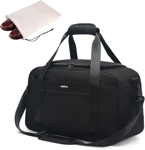 ECOHUB Cabin Bag 40x20x25 for Ryanair Under Seat Flight Bag Recycled PET Eco Friendly Travel Holdall Hand Luggage, Carry On Duffel Bag for Women Men, Patented (Black)