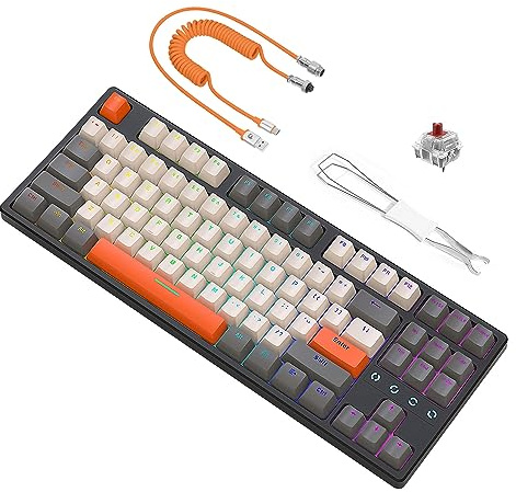 ATTACK SHARK K87 Mechanische Gaming-TKL-Tastatur mit Kabel, programmierbare True-RGB-Hintergrundbeleuchtung, ergonomisches Design, mit Typ-C-USB-Tastaturkabel, rote Schalter, für PC Mac Win PS4