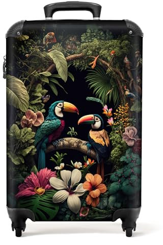 NoBoringSuitcases.com® Koffer Handgepäck Trolley Rollkoffer Kleine Reisekoffer mit 4 Rollen - Vogel - Blumen - Pflanzen - Dschungel - Schwarz - 55x35x20cm - Fotokoffer - Kabinenkoffer - Boardgepäck
