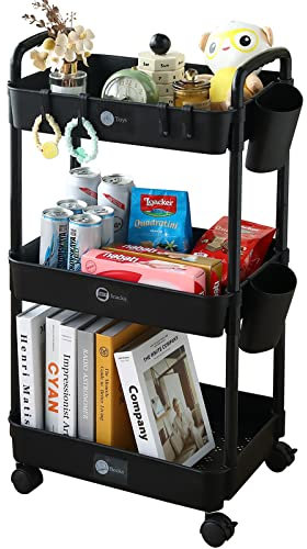 KOADOA 3-Tier Storage Trolley on Wheels, Kitchen Rolling Utility Cart Storage Organiser with Handle Hanging Cups for Office, Kitchen, Bedroom, Bathroom, Laundry Room, Narrow Places (Black)