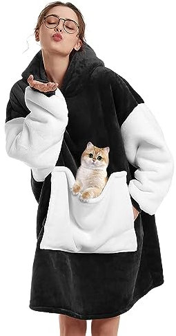 Decke Hoodie Sweatshirt Oversized,Plüsch Flauschig Kuscheldecke mit Tasche,Einheitsgröße Sherpa Kapuzenpullover für Damen Herren,Flanell Fleece TV-Decke mit Ärmel,Tragbar Ganzkörperdecke,Schwarz Weiß