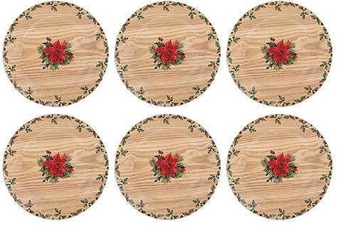 YöL Set of 6 Christmas Holly Charger Plate Wooden Dinner Lunch Decor Xmas Rustic Traditional