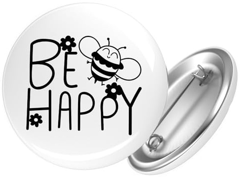 Huuraa Button Be Happy Biene Ansteck Pin Größe 59mm mit süßem Motiv Geschenk Idee für Freunde und Familie