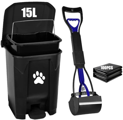 mayayaday Outdoor Dog Poop Trash Can with Lid, Pet Waste Container Dog Waste Trash Can Pooper Scooper for Yard Garden Kitchen with Removable Inner Bin, Large Waste Bag, Black