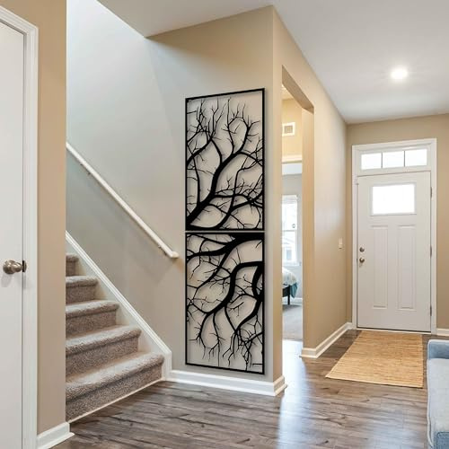 KAWA METALWORKS Baum Metall Wandkunst Vertikale Dekoration für Wohnzimmer Groß Hängend für Innen und Außen Schwarz Gold Silber und Weiß Metall Wandskulptur