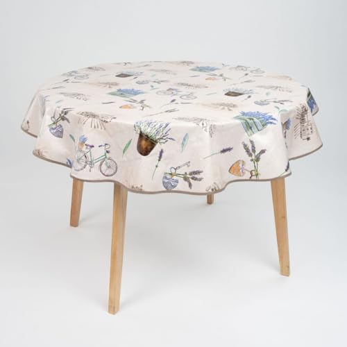 laro 140cm runde Wachstuch Tischdecke abwaschbar Wachstuchtischdecke mit Saum-Eingefasst-Paspelband, Muster:Lavendel Blau Weiß, Größe: Rund 140cm