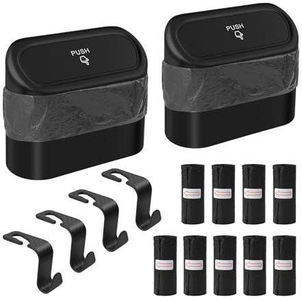 Wantli 2 Piezas Bote de Basura para Coche Pequeño, Portátil Caja de Almacenamiento Colgante con Tapa, Basura Impermeable Coche, con 135 Bolsas de Basura y 4 Ganchos, para Coche, Oficina