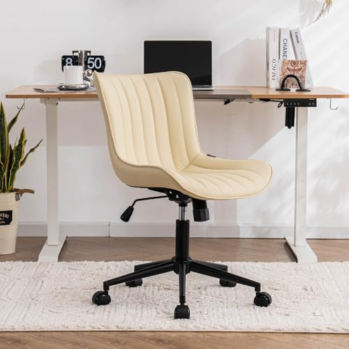 YOUTASTE Bürostuhl Ergonomisch, Schreibtischstuhl Höhenverstellbar, Bürostuhl mit PU-Leder & Rollen, Drehstuhl Wippfunktion, Computerstuhl 150 kg Belastbar, Beige