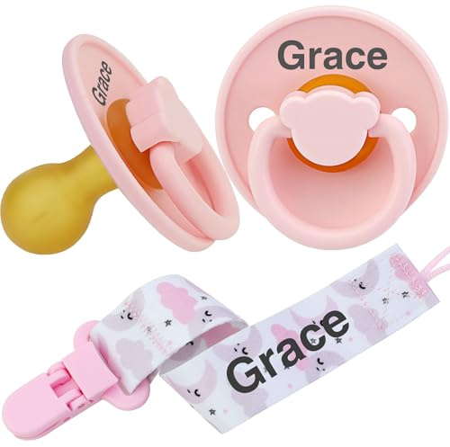 3 Stück personalisierter Baby Schnuller aus nachhaltigem und bio-erneuerbarem Material, hautweicher Silikonsauger, mit individueller Schnullerkette (Rosa)