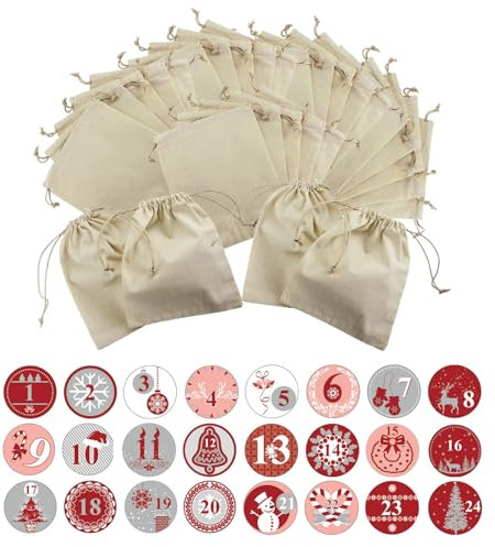 Oblique Unique DIY Adventskalender Set - 24 Baumwollbeutel + 24 Zahlen Sticker Rund für Advent Kalender Deko zu Weihnachten DIY Basteln (DIY Adventskalender Set - Sticker Rot Grau)