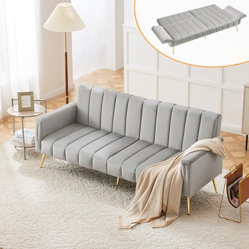Zepneiy Sofa 2 Sitzer Modernes Doppel Klappbares Schlafsofa, Multifunktionssofa mit Verstellbare und Rückenlehne Hilfsfüßen,Wohnzimmer Möbel Sofa mit Schlaffunktion, Samtstoff Grau