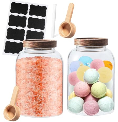 Gzsekken Bath Salt Container,Glass Bath Salt Jar with Scoop & Wooden Lid,Airtight Bath Bomb Storage Dispenser, Bathroom Decor and Accessories Large Bath Tub Jars for Women-2pack