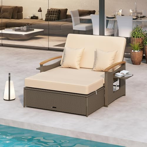 SOARS Lounge Möbel Outdoor, Rattan Gartenlounge Set mit Hocker, Gartensofa mit Liegefunktion 2 Sitzer, Balkon Lounge Set Doppelliege Outdoor Sofa, Balkonmöbel Sonneninsel platzsparend mit Stauraum