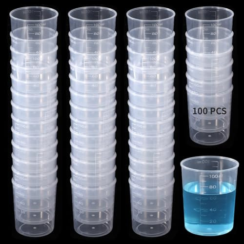 100 plastmätbägare, 100 ml genomskinliga graderade flytande koppar för epoxiharts, färg och labb, höga graderingar för enkel mätning