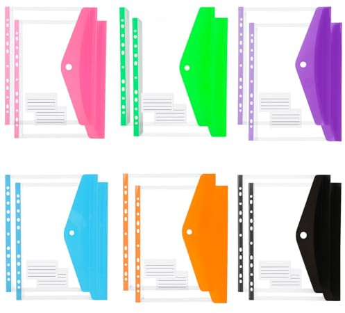 MORAINJAY 12 cartelle portadocumenti, formato A4, 11 fori, trasparenti, con bottone automatico e spazio per scrivere, in plastica per ufficio, scuola, casa, viaggio (apertura laterale)