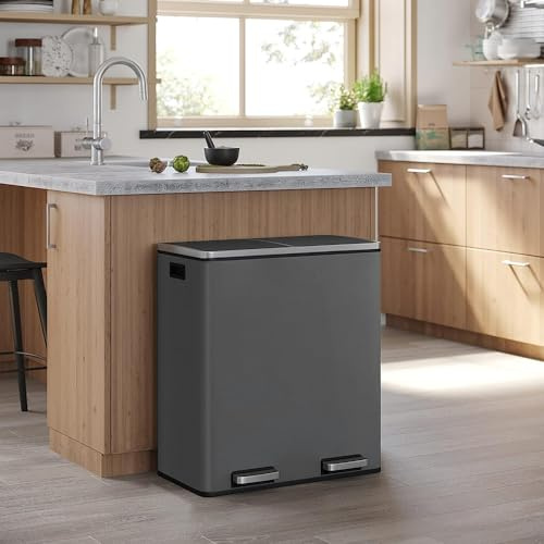 Panana 60L Poubelle à Double Compartiment 2 x 30L, avec 15 Sacs Poubelles, Pédales en Métal, 2 Seaux Intérieurs en Plastique, Couvercles, Poignées, Fermeture en Douceur (Gris)